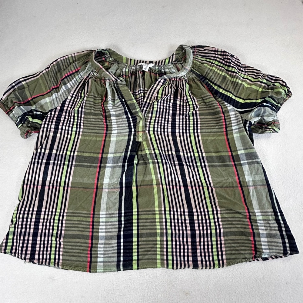 Crown & Ivy Womens 1X Plaid Split Neck Puff‎ Sleeve Top Olive Green Pink